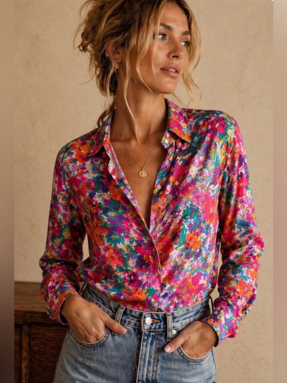 Vintage 100% Silk Floral Button Down Blouse, Size Medium